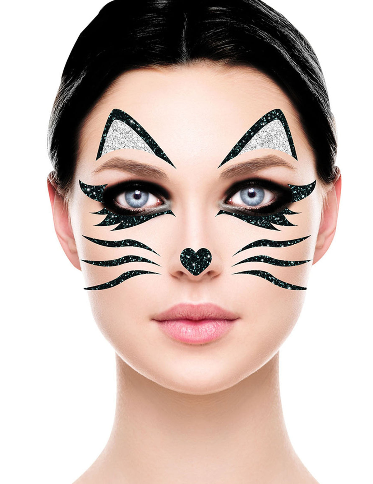 Tatouages pailletés chat pour adulte noir et argent