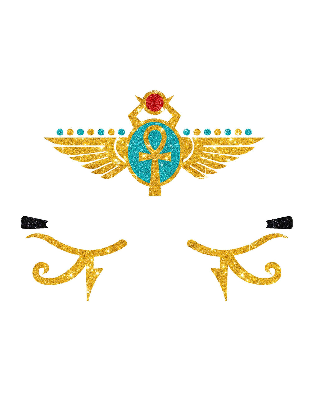 Détail des motifs de scarabée et d'yeux des tatouages pailletés reine d'Egypte