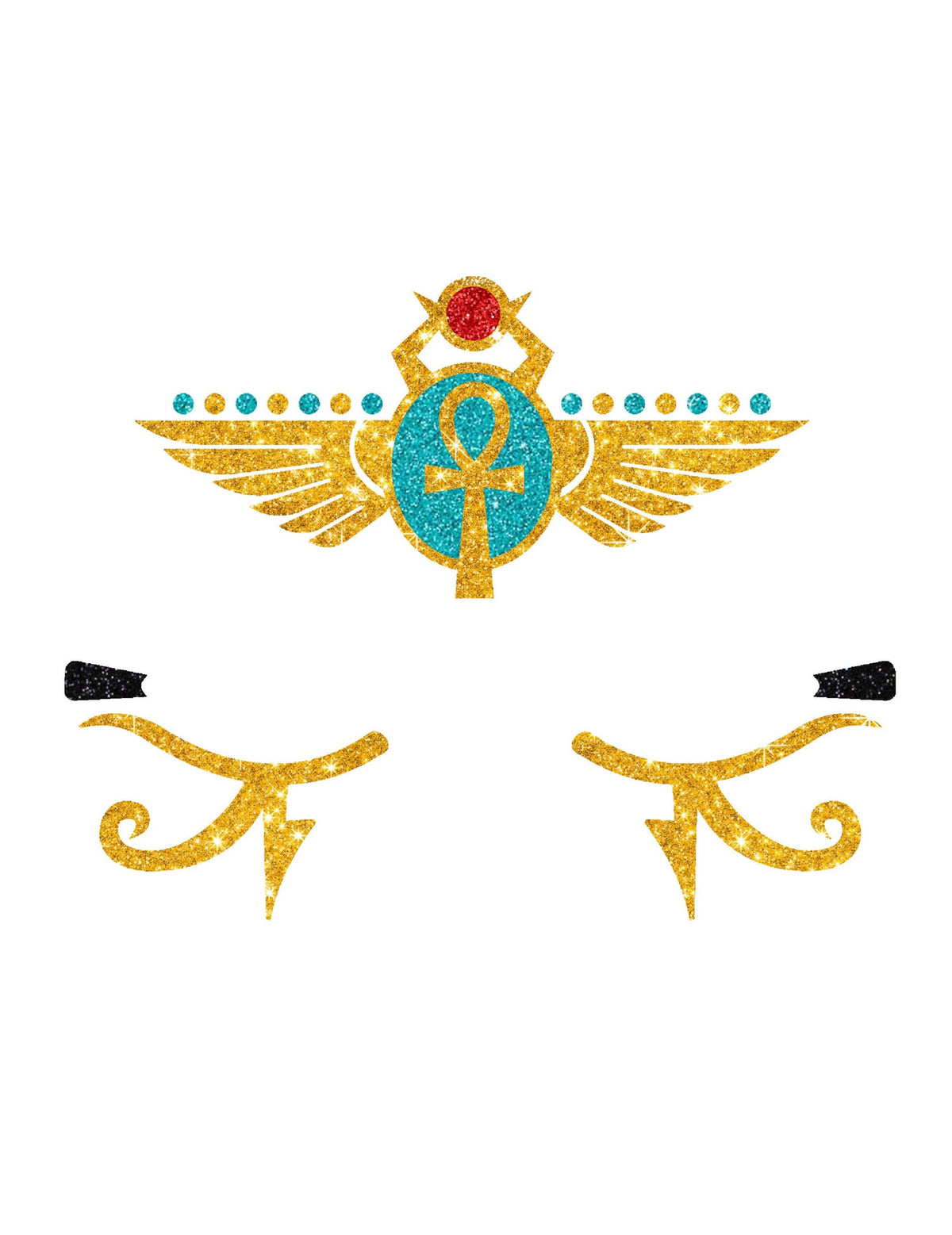 Détail des motifs de scarabée et d'yeux des tatouages pailletés reine d'Egypte