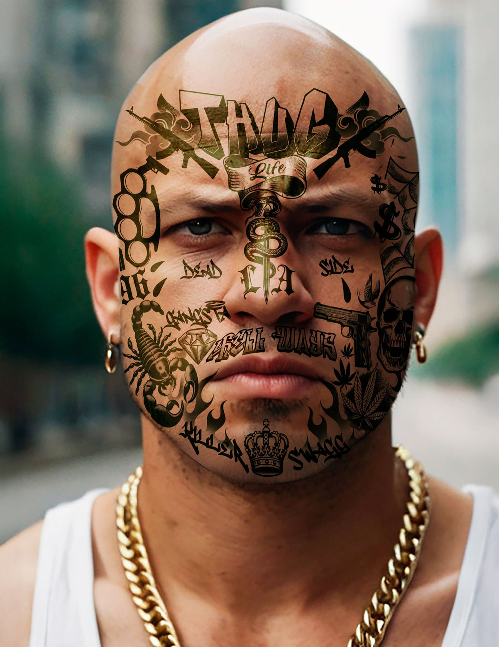Tatouages de visage thug life pour adulte noirs avec motifs de pistolets et scorpion