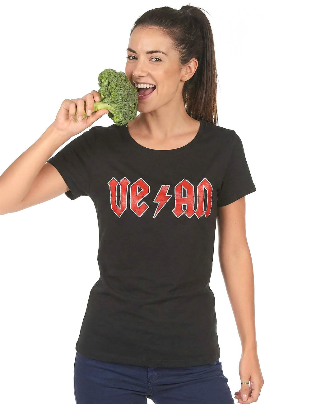 T-shirt Vegan para mulher preto com logótipo vermelho estilo rock
