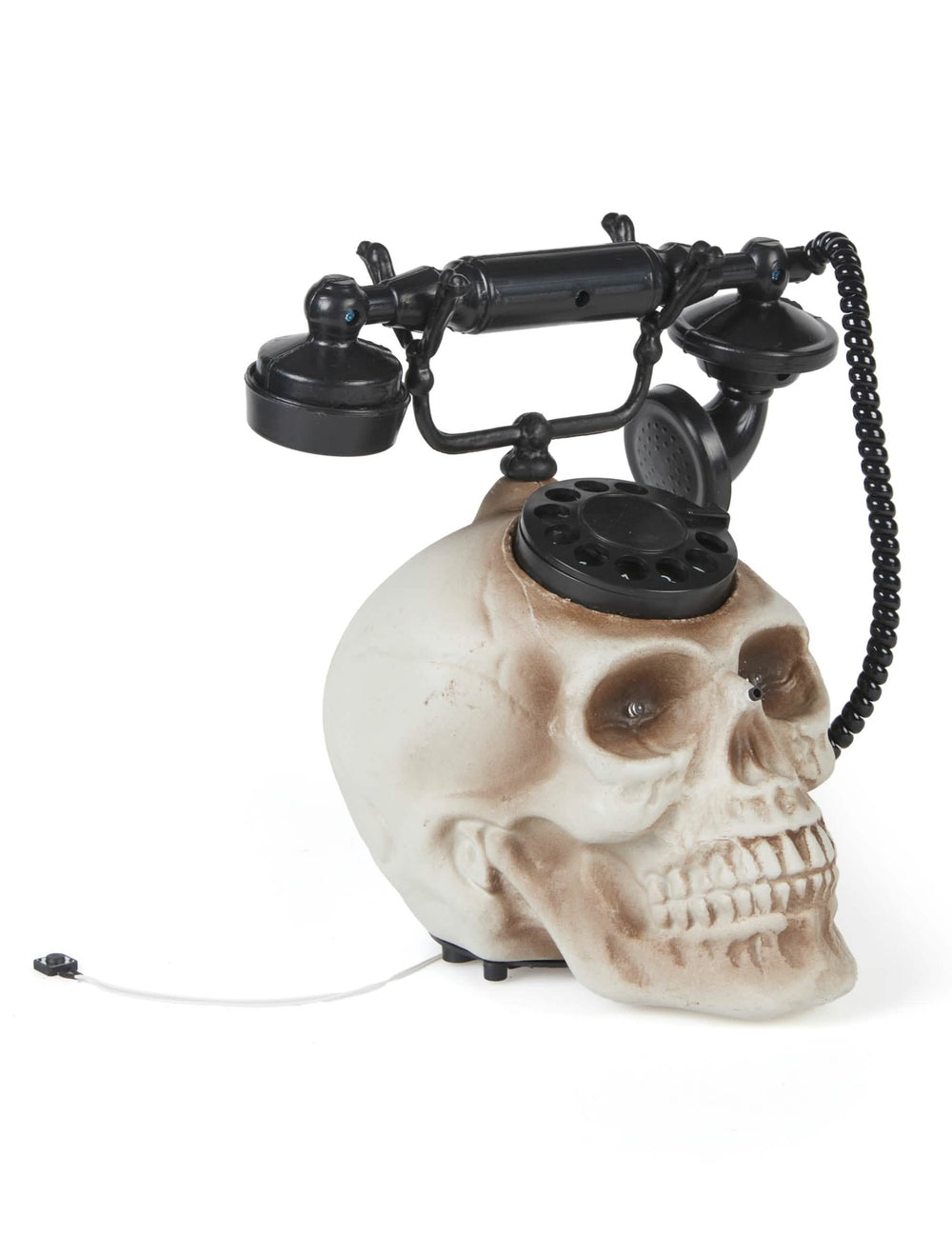 Telefone caveira para decoração de halloween bege e preto com disco rotativo