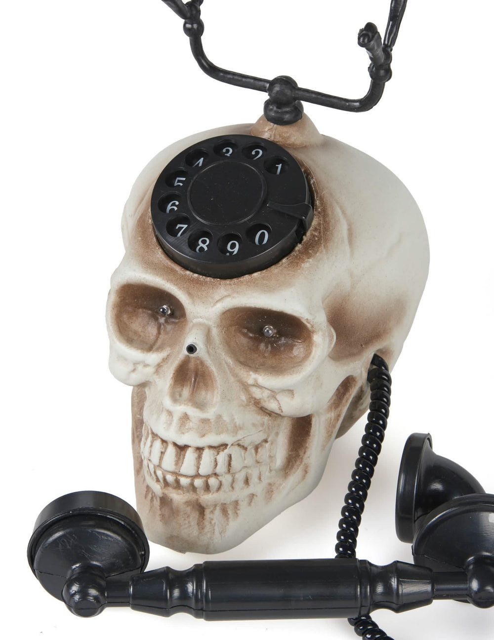 Vista frontal e detalhe do mostrador do telefone cabeça de morto