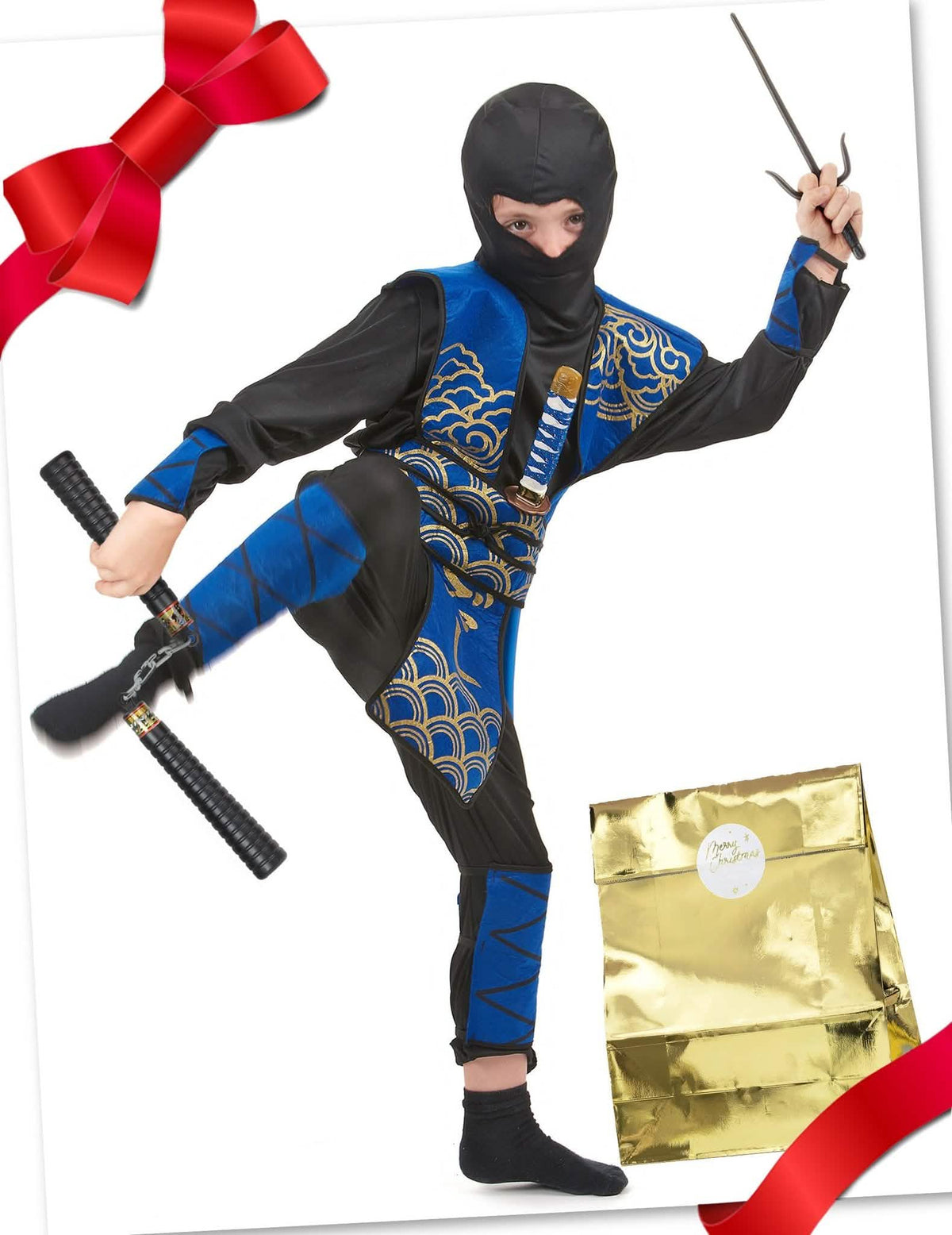 Caixa de presente disfarce ninja azul com acessórios criança