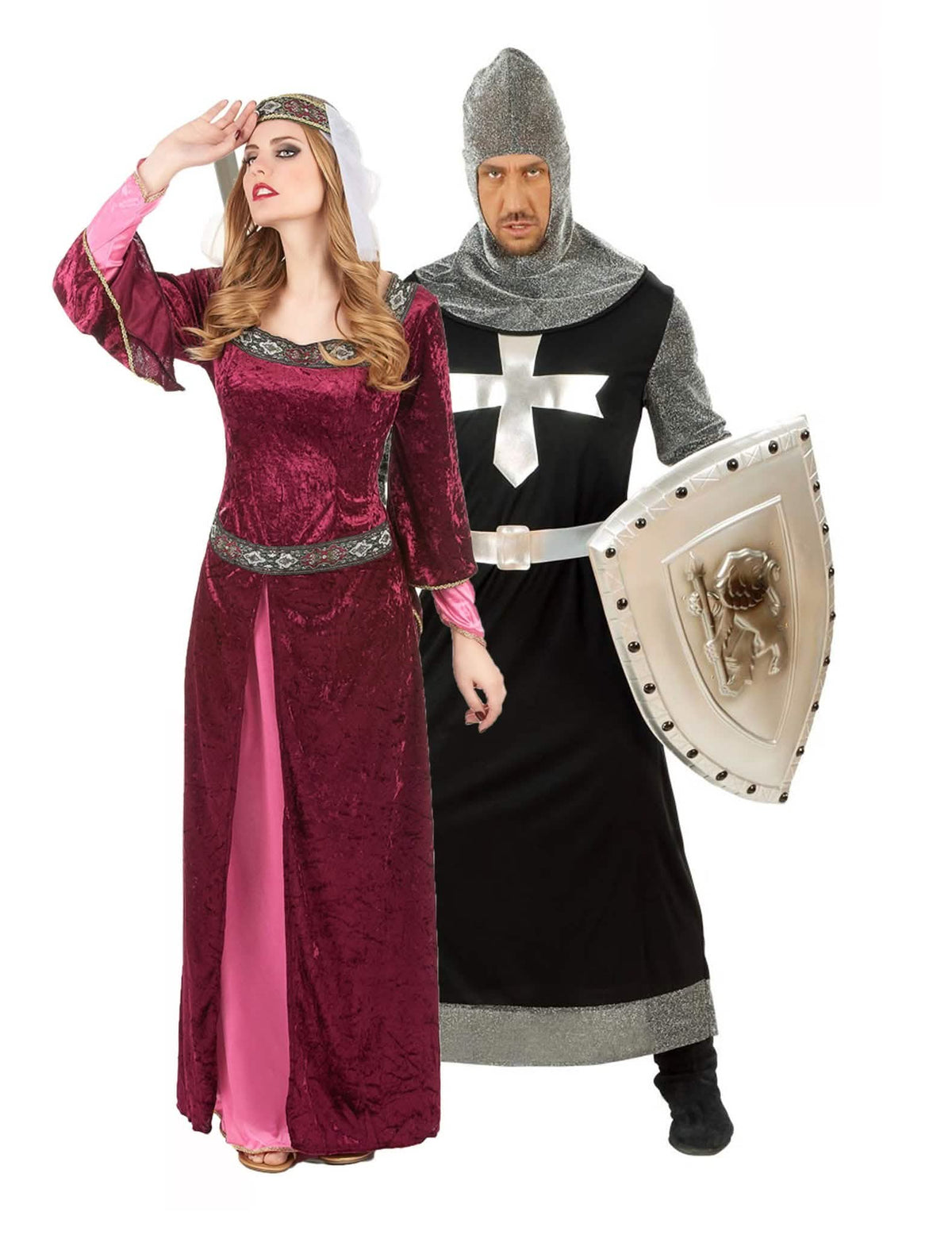 Disfarce de casal rainha e cavaleiro medieval