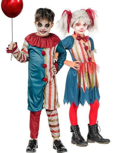 Fato de casal de palhaços coloridos para crianças no Halloween