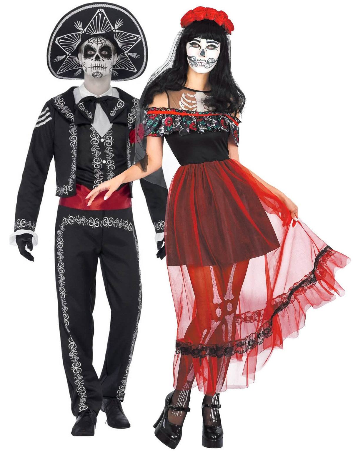 Fantasia de casal de esqueleto mexicano Dia de los muertos Halloween adulto