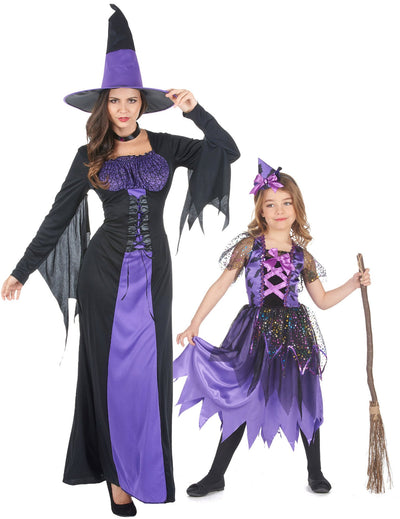 Fantasia de casal de bruxas roxas mãe e filha para Halloween