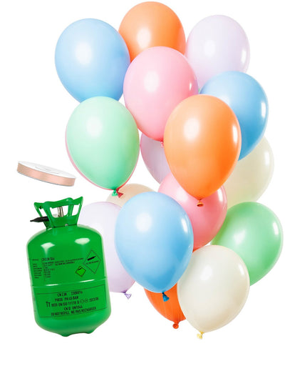 Kit de cilindros de hélio com 15 balões em tons pastel e fita de cetim