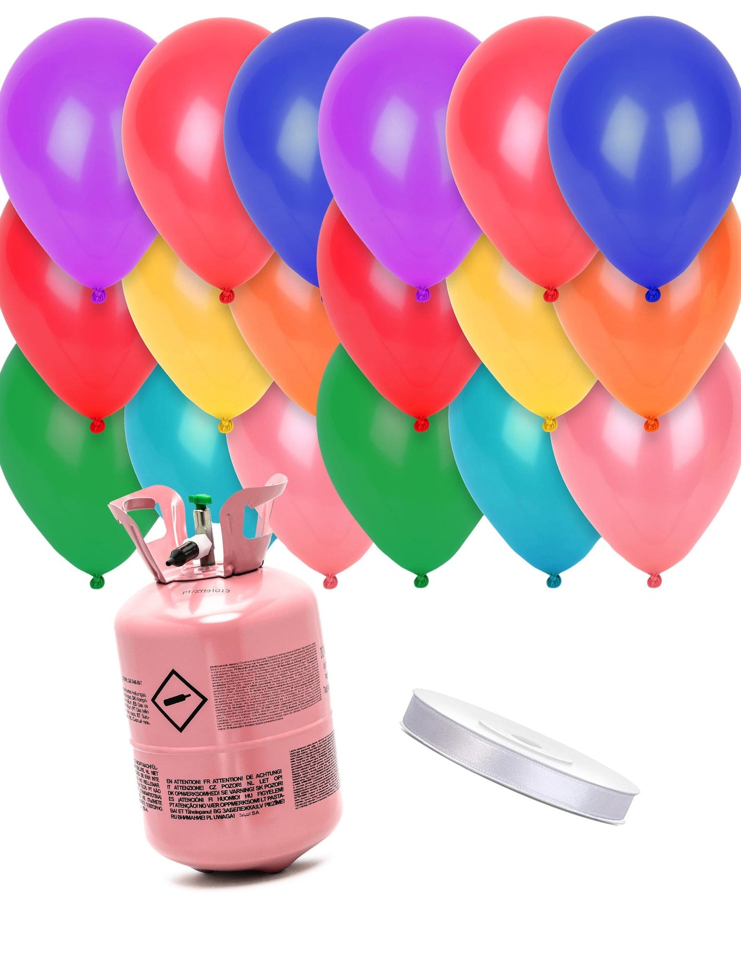 Kit garrafa de hélio com 24 balões multicoloridos e fita
