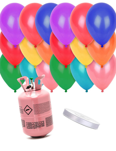Kit garrafa de hélio com 24 balões multicoloridos e fita