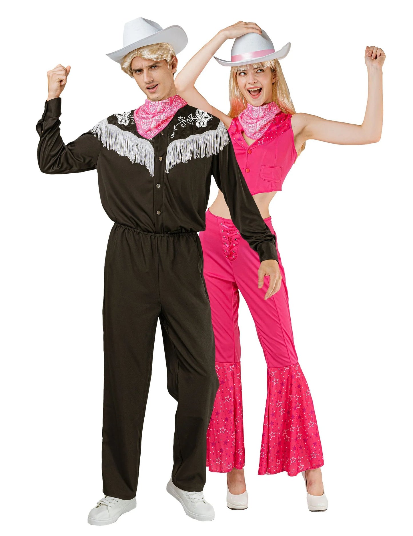 Disfarce completo de casal cowboy preto e rosa para adulto