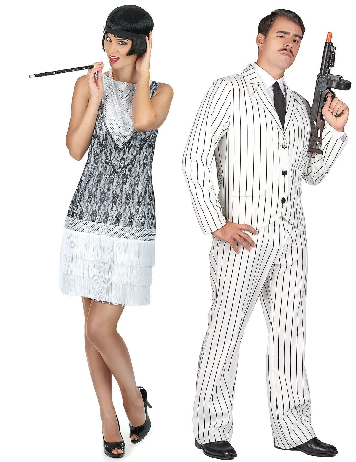 Disfarce de casal gangster branco e charleston branco adulto