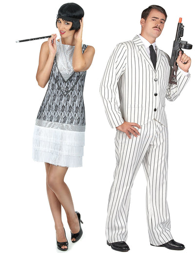 Disfarce de casal gangster branco e charleston branco adulto