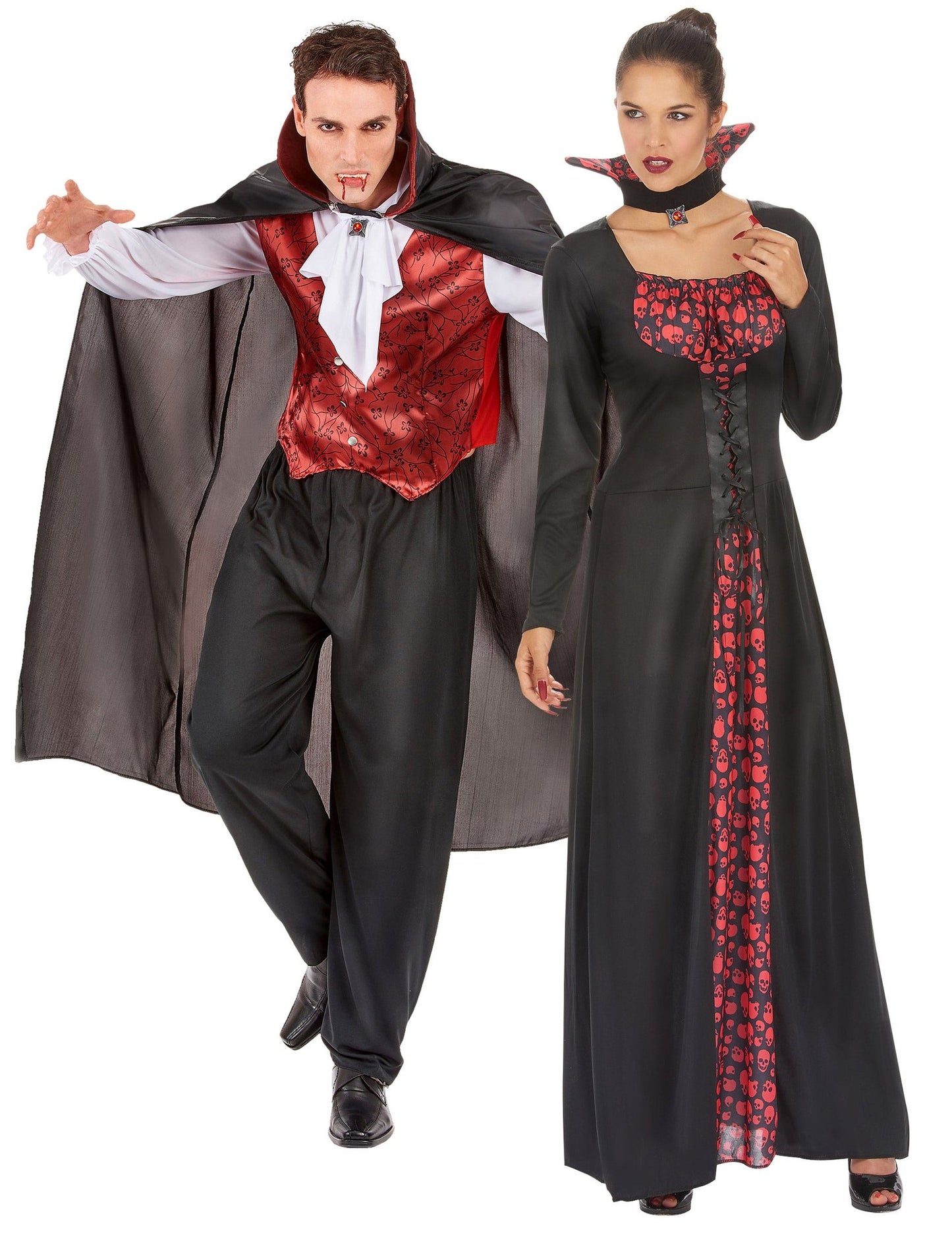 Terrível fantasia de casal de vampiros vermelhos para adulto Halloween