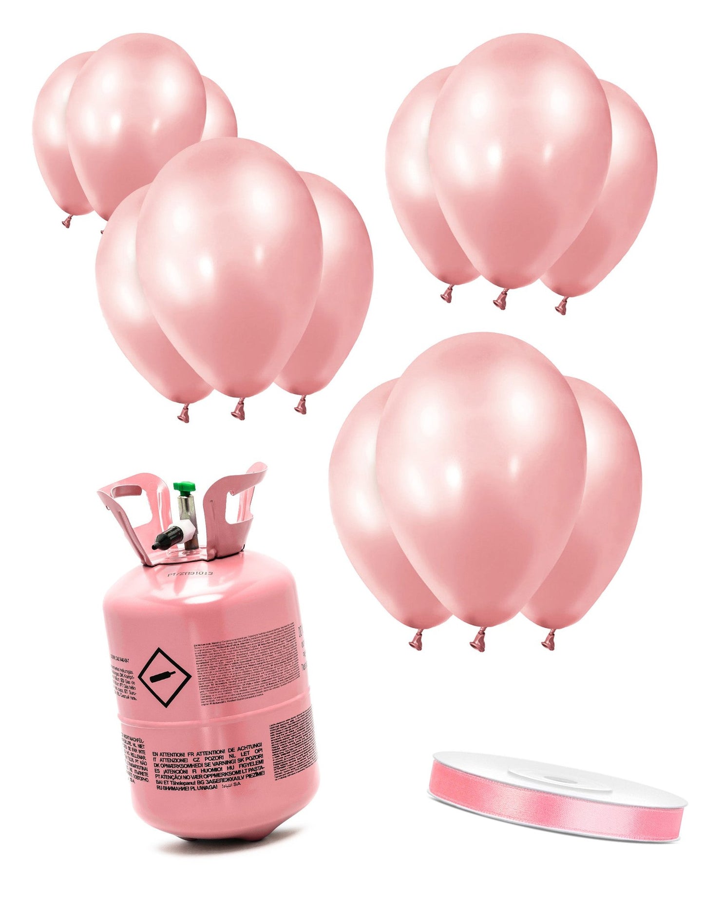 Kit de cilindros de hélio com 12 balões rosa-dourados e fita de cetim