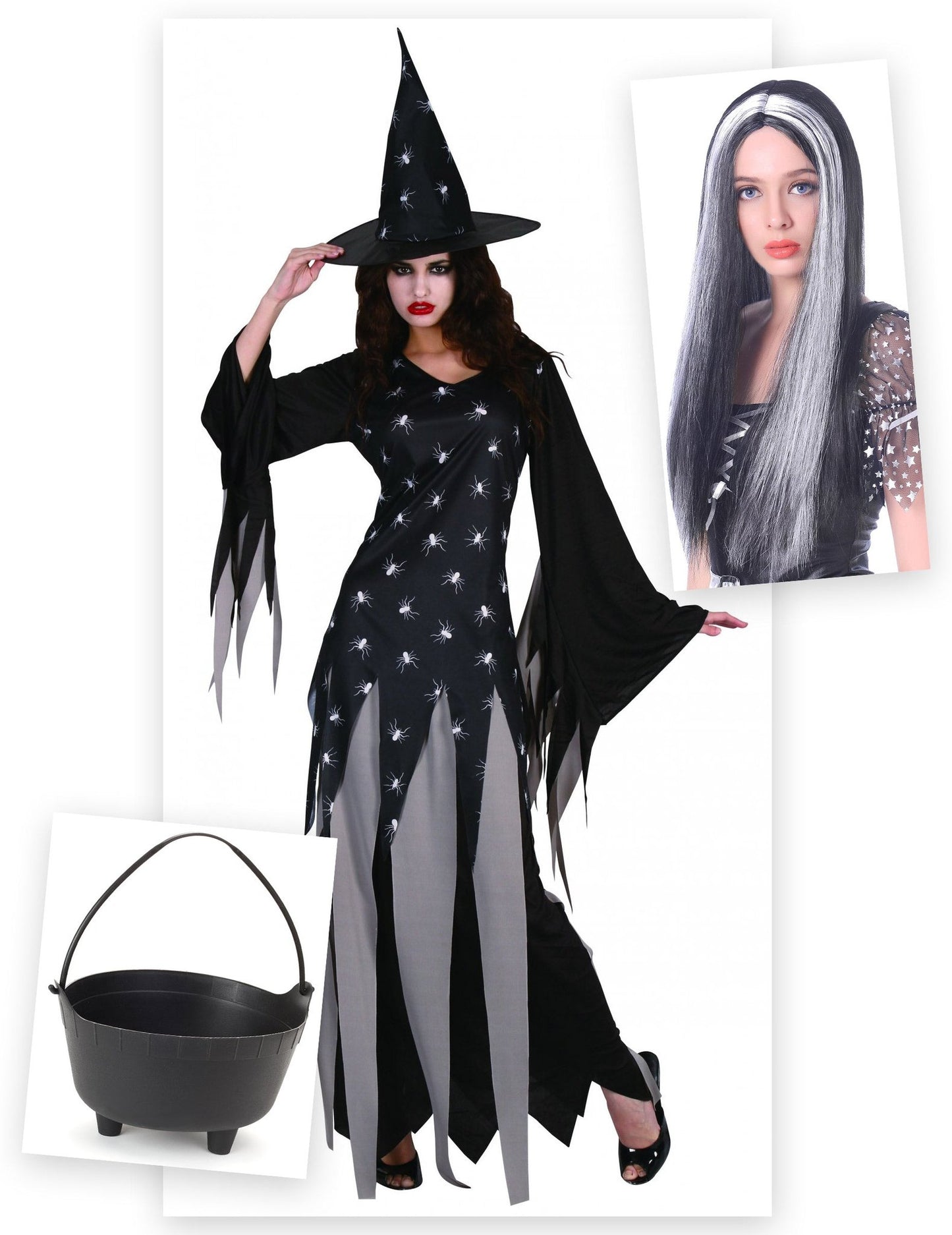 Pack déguisement sorcière femme avec chaudron et perruque Halloween