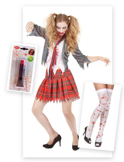 Pack disfarce estudante zombie com meias e sangue falso Halloween