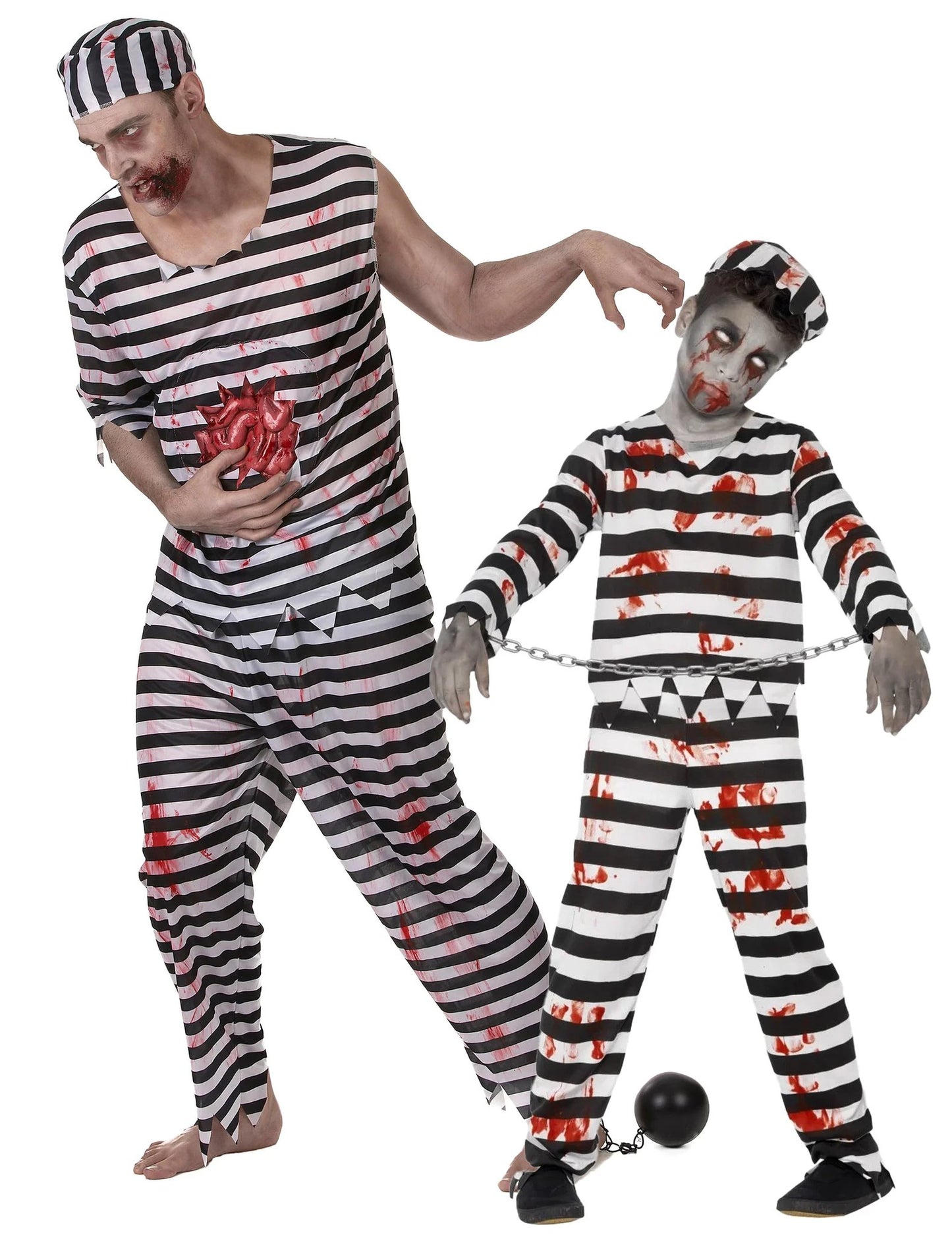 Fato de casal de prisioneiros zombies assustadores pai e filho Halloween