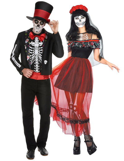 Fantasia de casal esqueleto de Halloween Dia de los Muertos para adulto