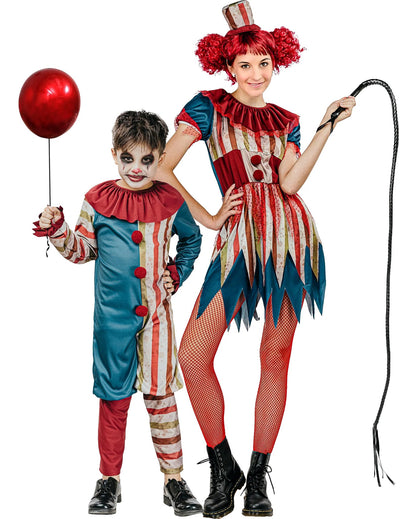 Fato de palhaço colorido para mãe e filho no Halloween