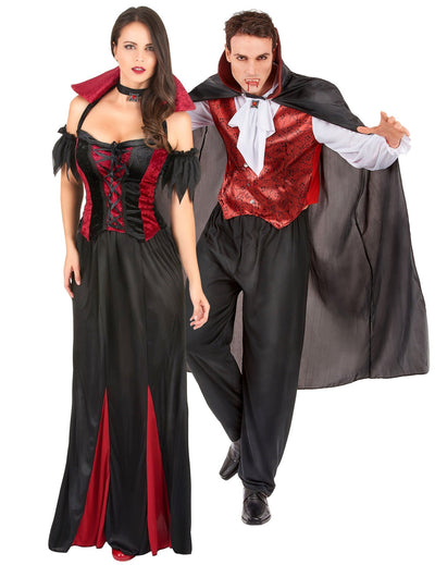 Traje adulto de casal de vampiros morcego vermelho de Halloween