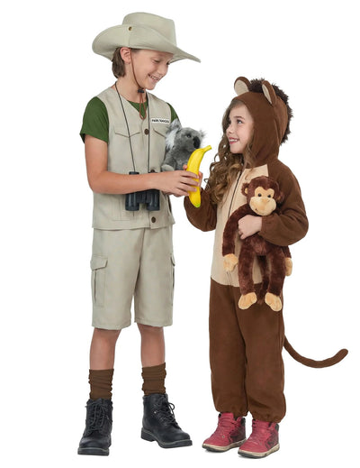Fantasia de casal aventureiro e macaco criança