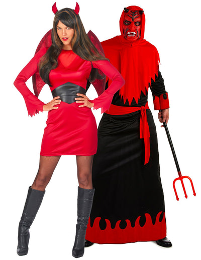 Fantasia demoníaca vermelha de casal de diabo e diabo para Halloween adulto
