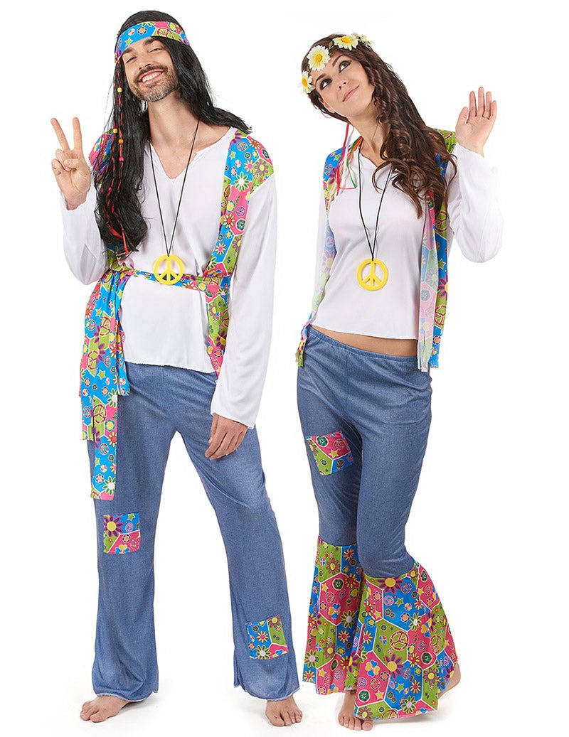Disfarce de casal hippie colorido adulto