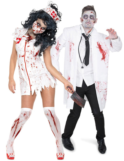 Fantasia adulta de casal zumbi de médico e enfermeira para Halloween
