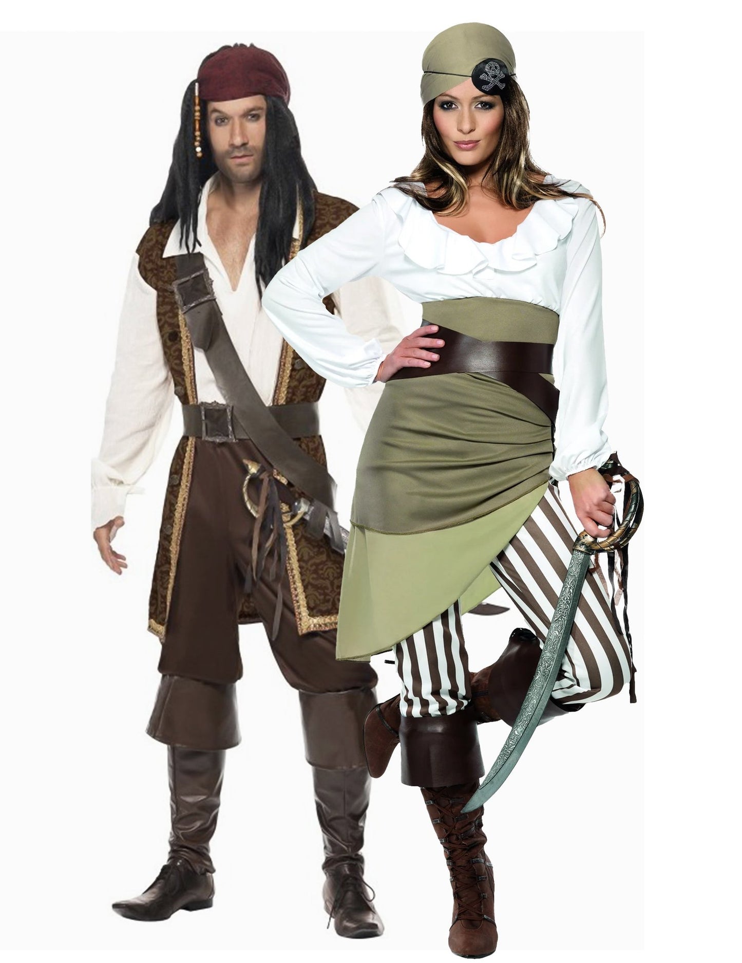 Disfarce de casal pirata marrom e verde para adulto