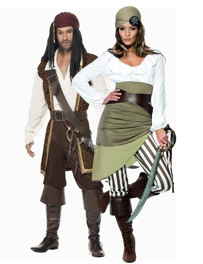 Disfarce de casal pirata marrom e verde para adulto