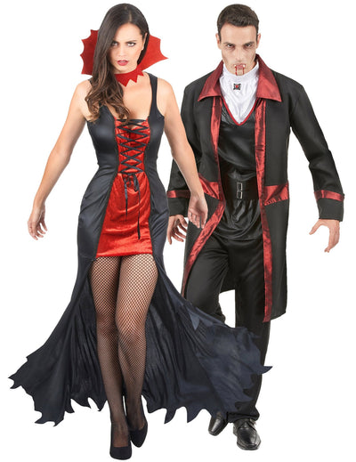 Fato de casal de vampiros de Halloween vermelho e preto para adulto
