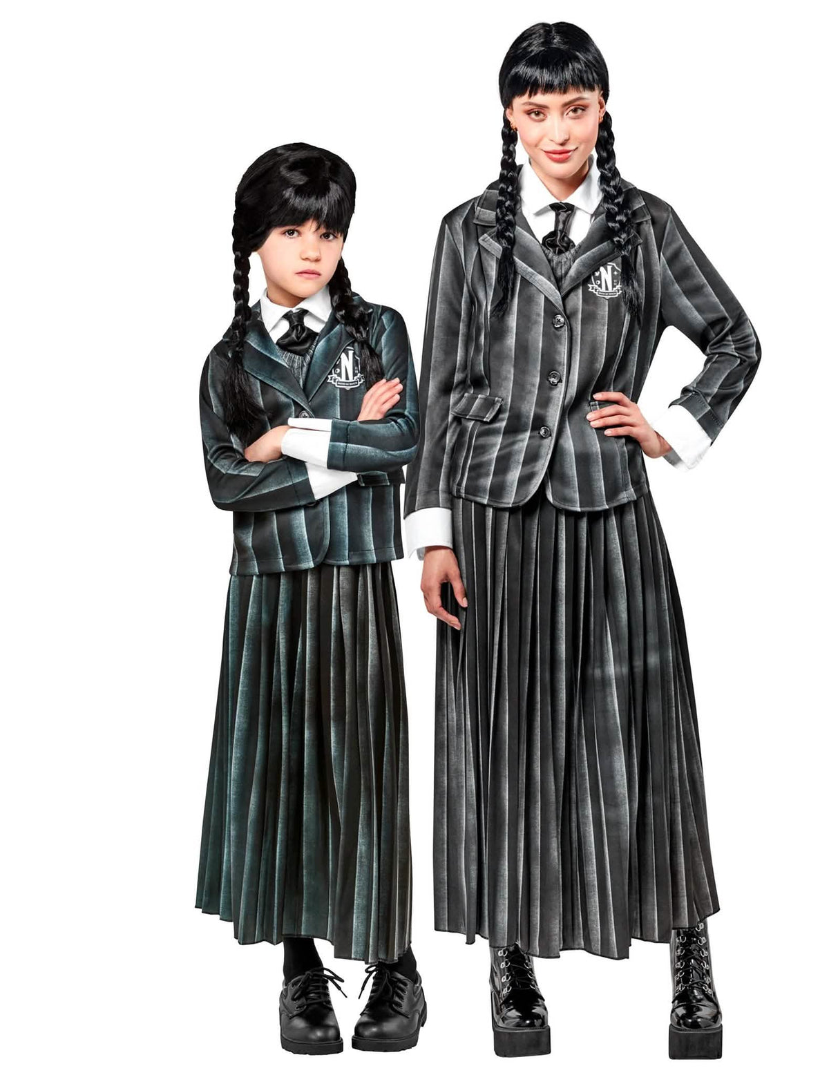 Disfarce de casal de uniforme escolar Wednesday Addams™ para crianças e adultos.