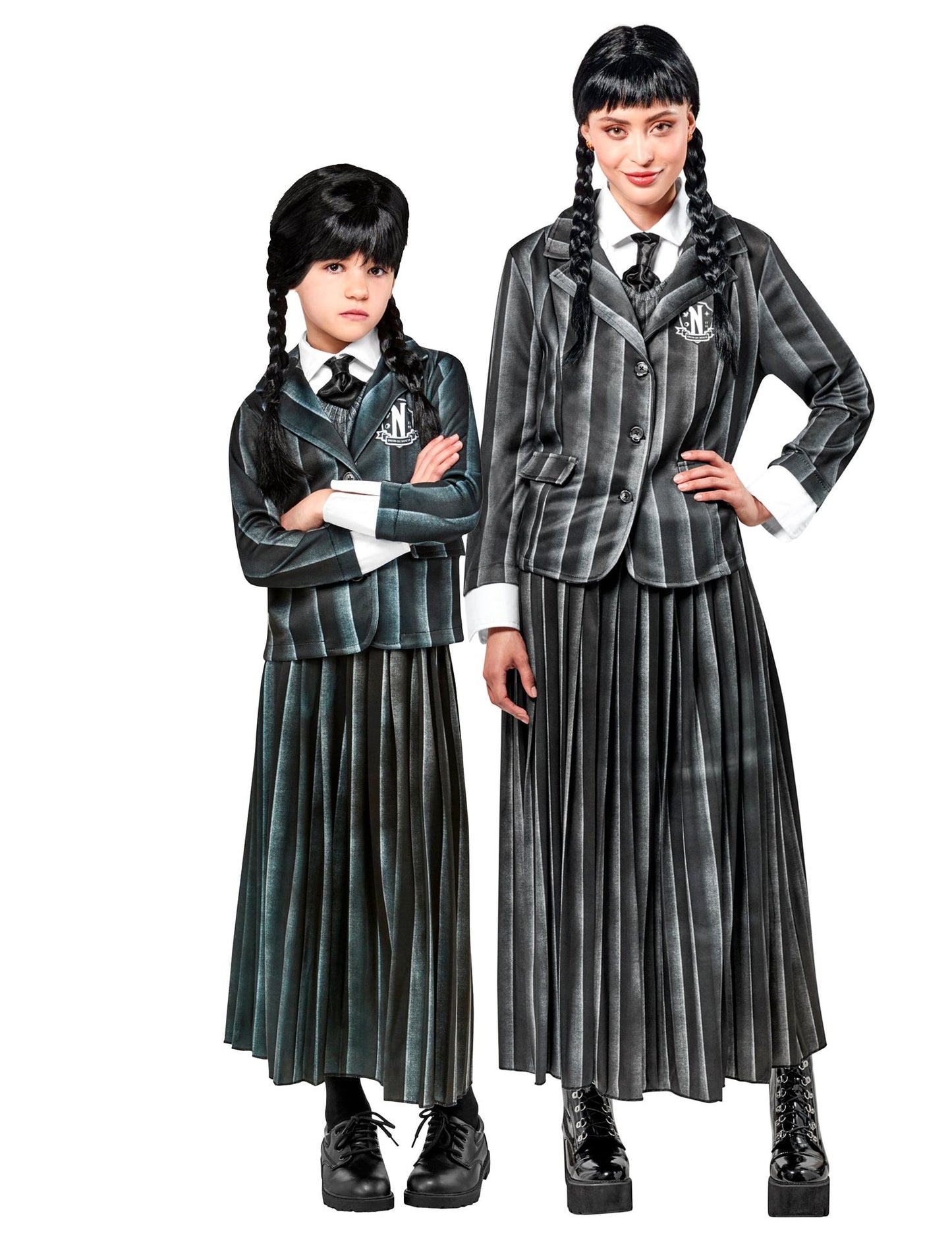 Disfarce de casal de uniforme escolar Wednesday Addams™ para crianças e adultos.