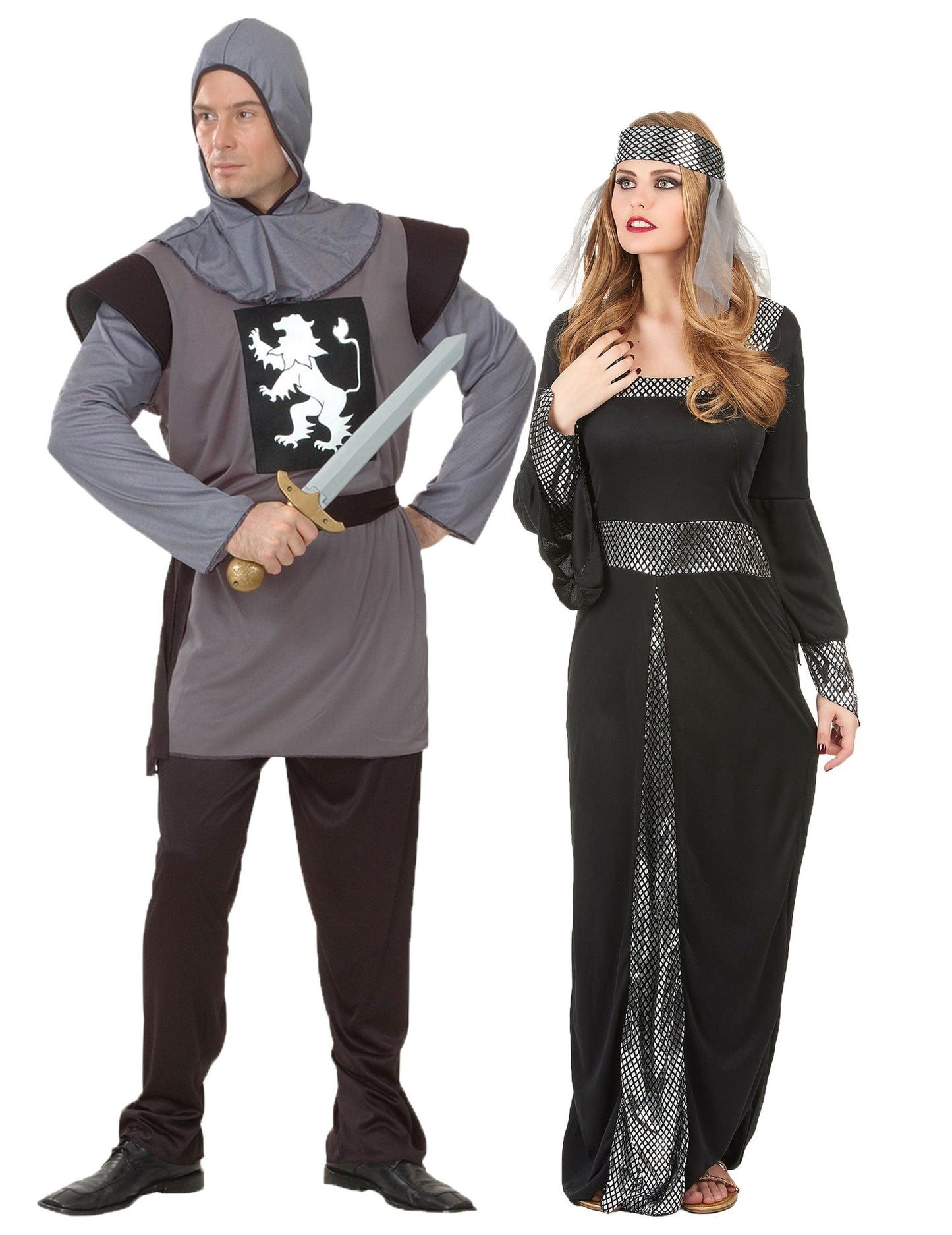 Disfarce de casal medieval cinzento e preto adulto