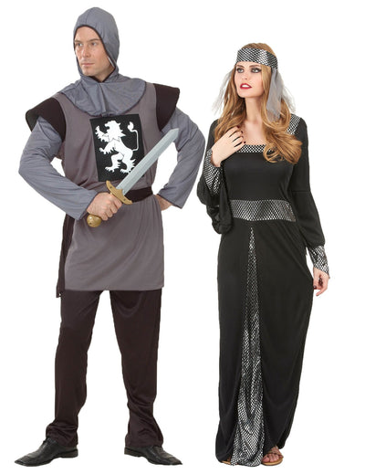 Disfarce de casal medieval cinzento e preto adulto