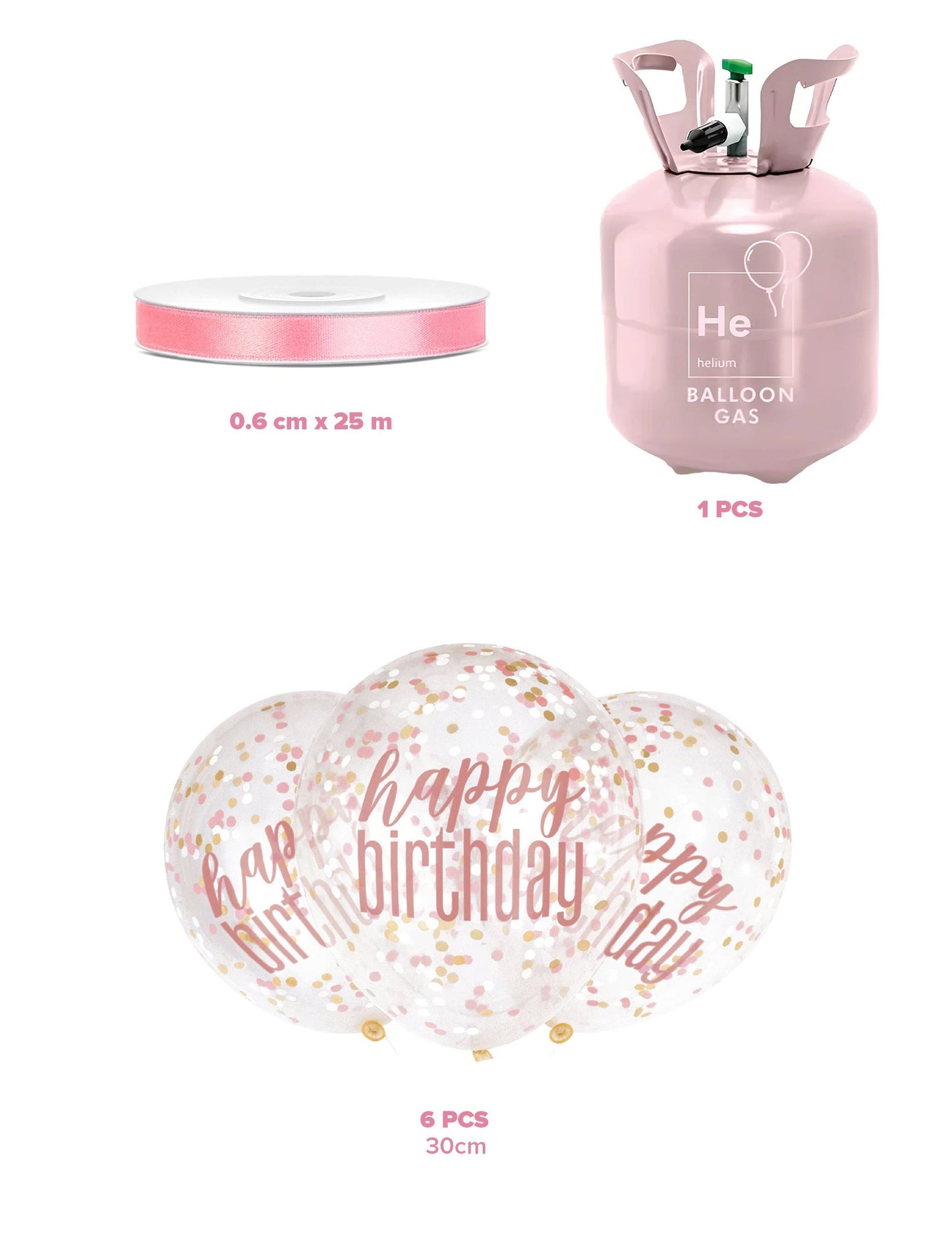 Kit de cilindros de hélio com 6 balões de confettis transparentes e fita de cetim
