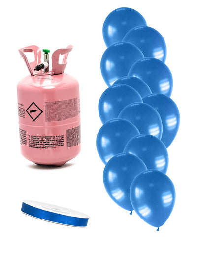Kit de cilindros de hélio com 12 balões azul-escuro metalizados e uma fita