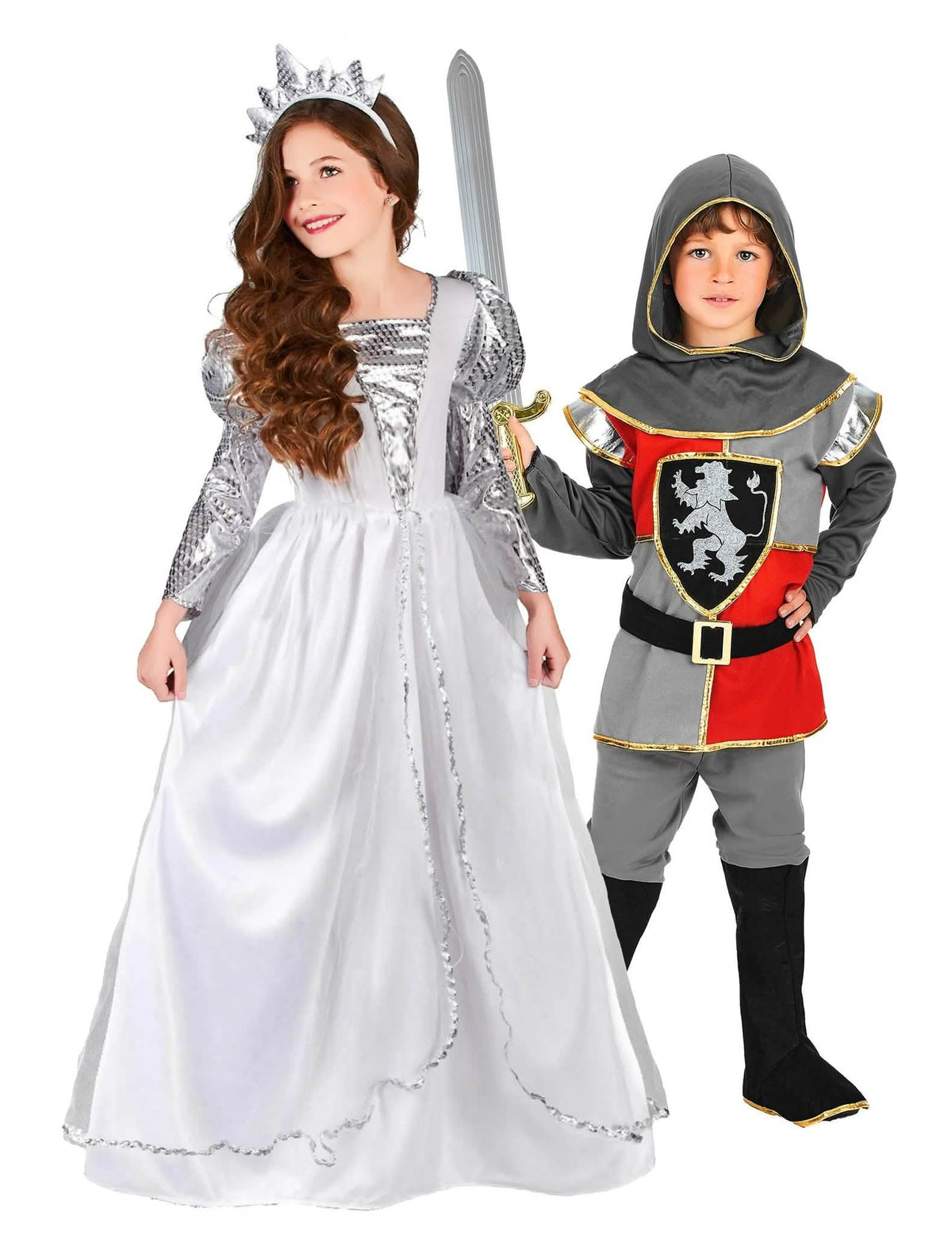 Disfarce de casal de cavaleiros e princesas com véu para criança