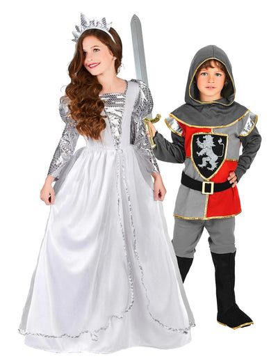 Disfarce de casal de cavaleiros e princesas com véu para criança