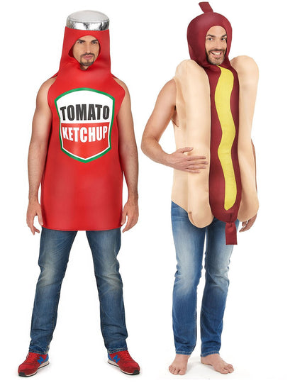 Disfarce de casal cachorro-quente e ketchup adulto