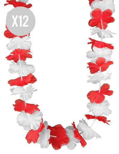 Pack de 12 colares havaianos vermelho e branco para adulto