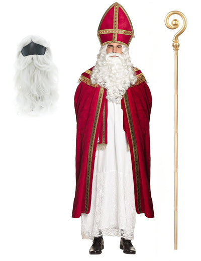 Kit de fantasia de São Nicolau com bastão barba e peruca para adultos.