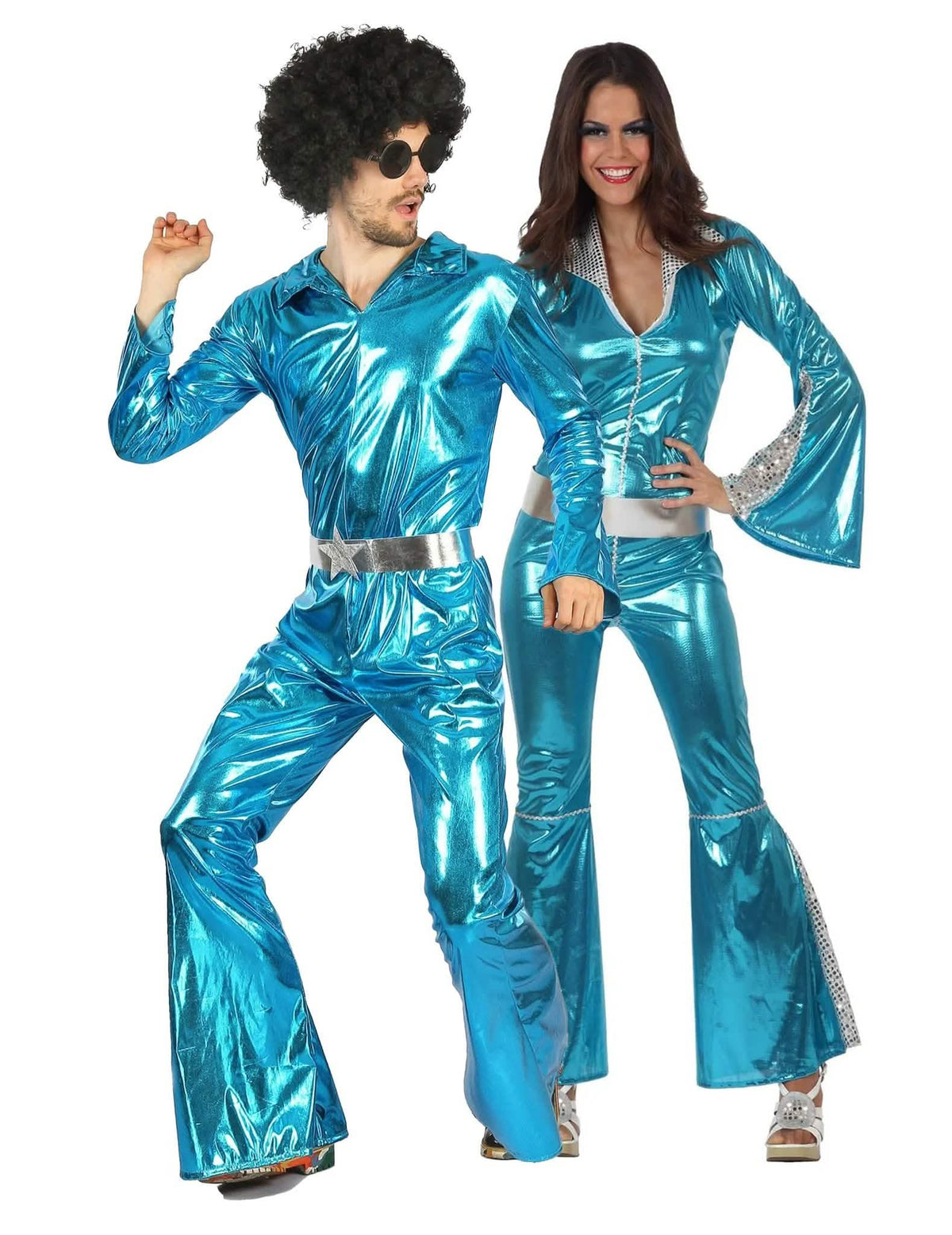 Disfarce de casal disco azul brilhante para adultos