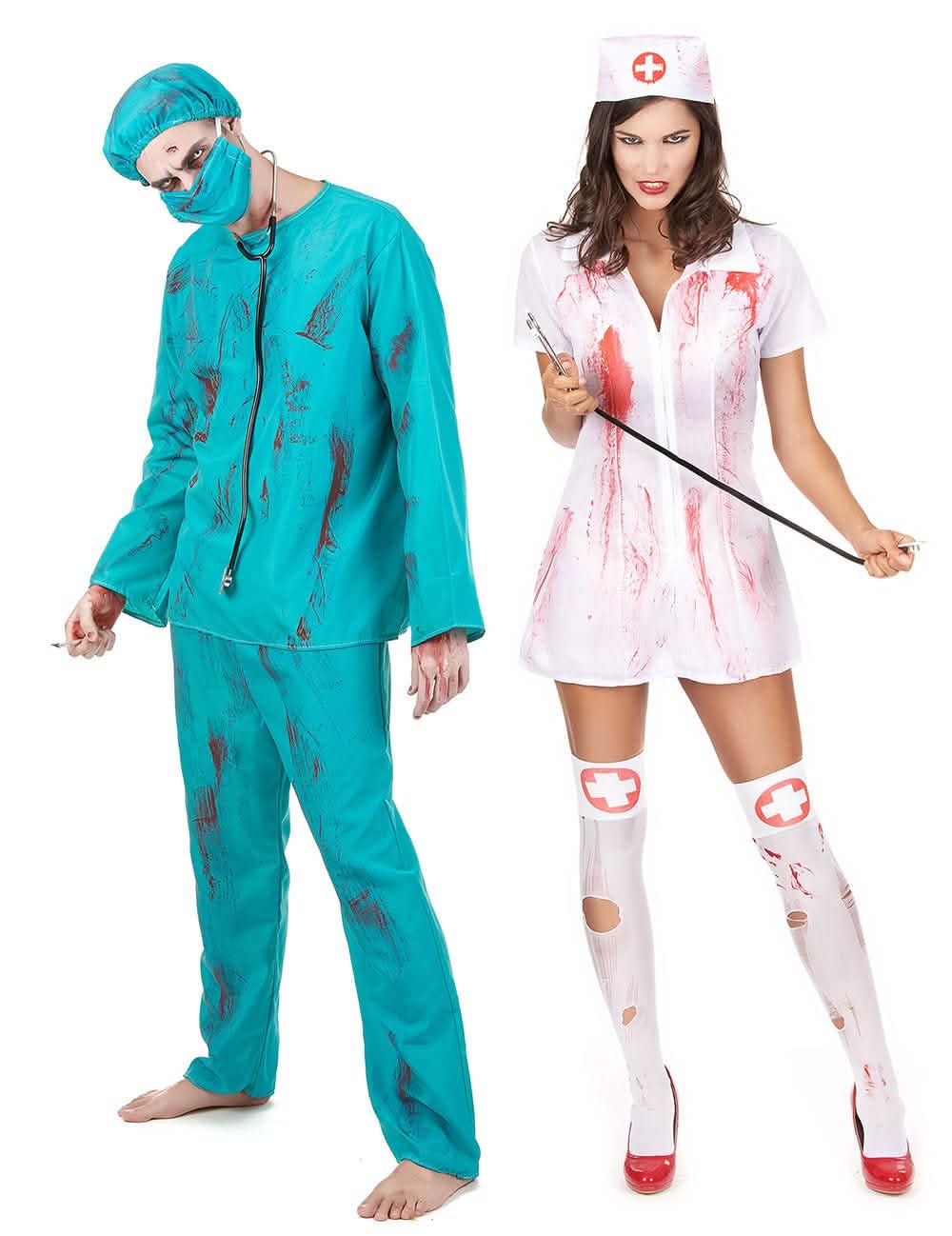 Disfarce de casal zombie cirurgião e enfermeira Halloween