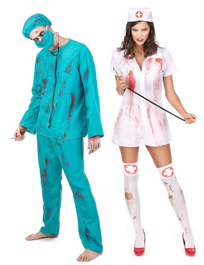 Disfarce de casal zombie cirurgião e enfermeira Halloween