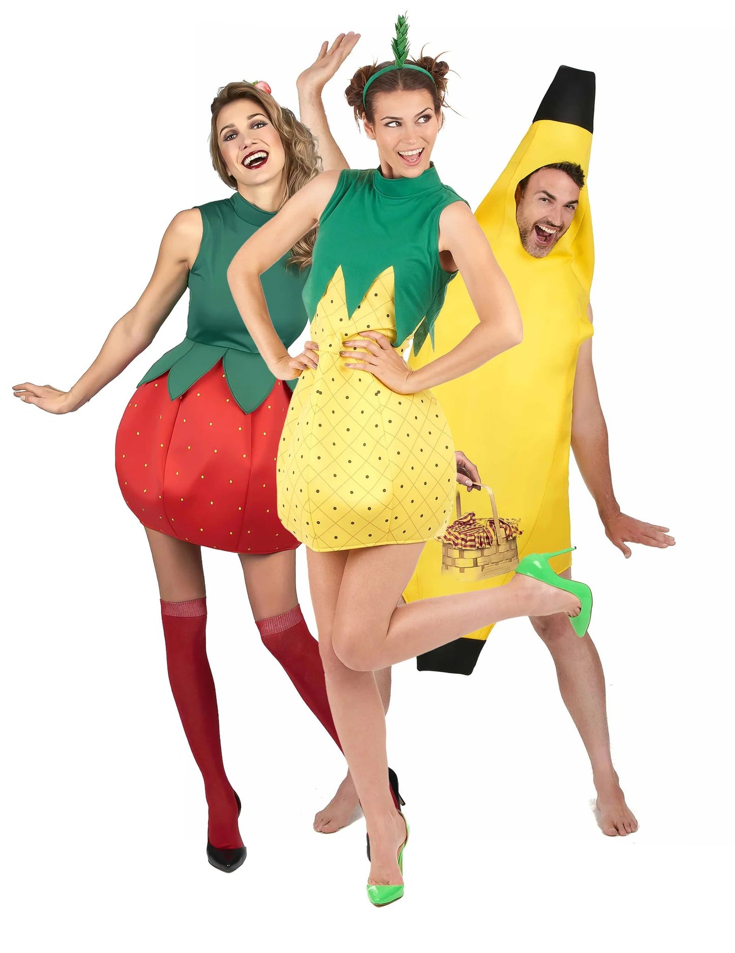 Divertida fantasia de grupo de banana e frutas para adulto