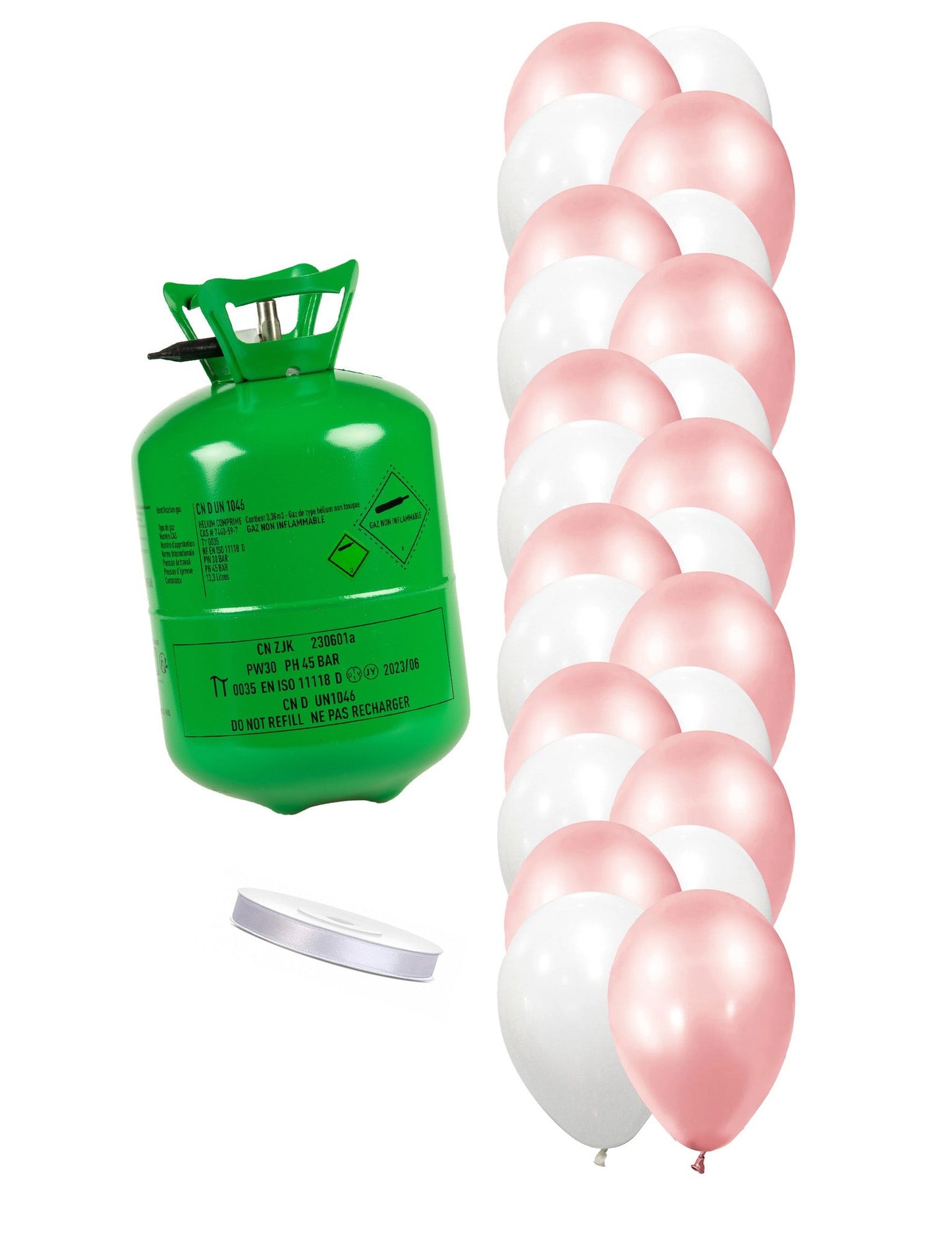 Kit de cilindros de hélio com 12 balões rosa-dourados 12 balões brancos e fita