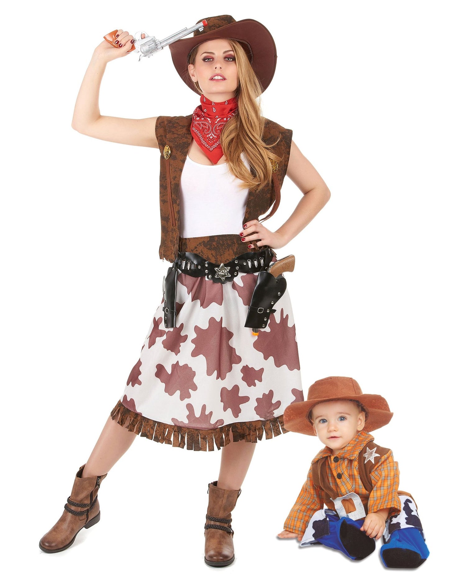 Disfarce de casal cowboy mãe e bebé